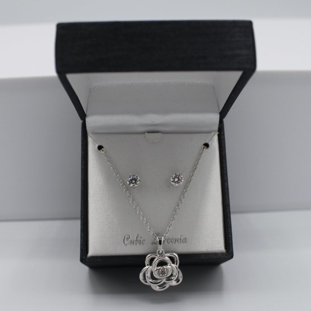 18” silver plated zirconia earrings and necklace